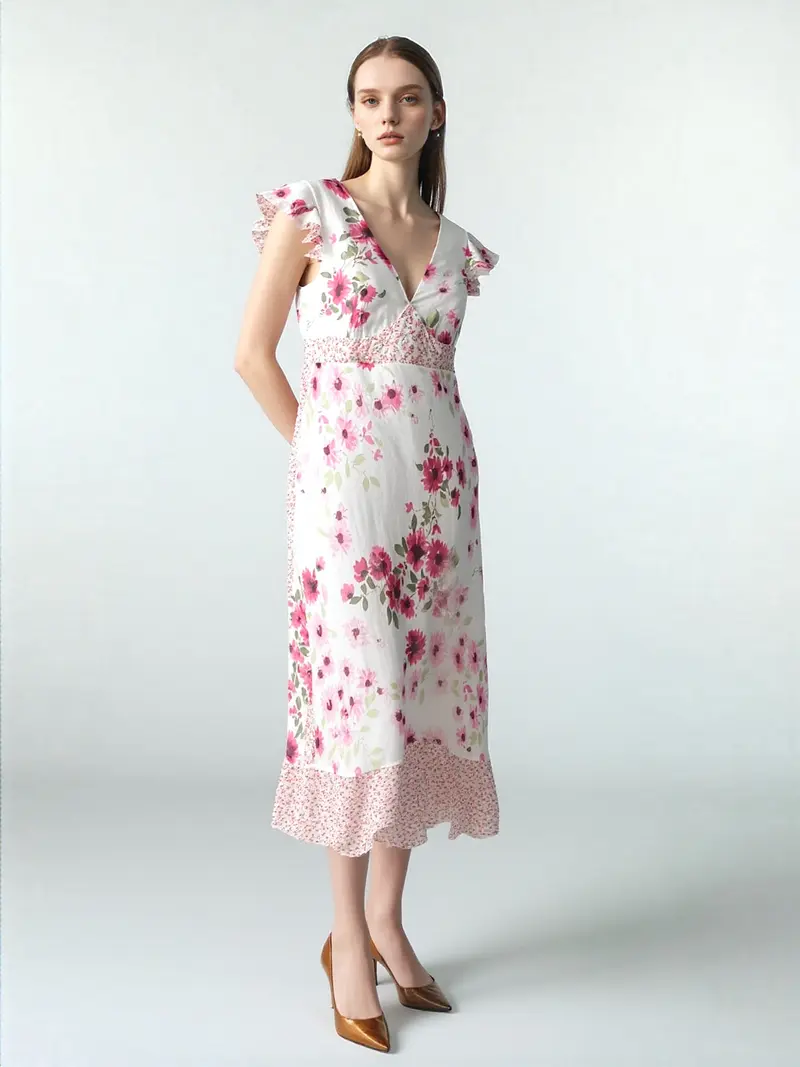 New York & Co Vintage White & Pink Floral Midi Dress with Flutter Sleeves Ruffle Hem Size 6 Sheer Fabric Fully Lined for Special Occasions