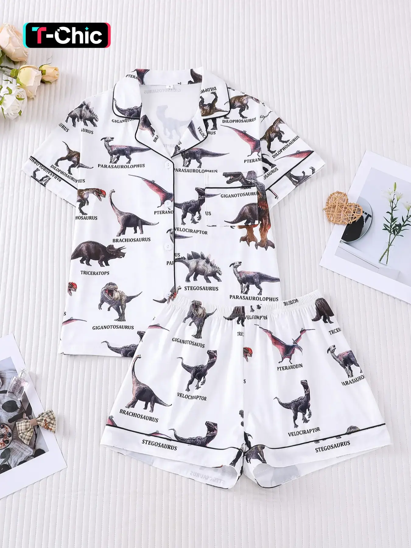 2-piece pajama spring/summer collection full of dinosaur names, popular science printed short sleeved shorts, soft and comfortable, skin-friendly top with pockets, lapel design, button closure, elastic waistband, Everyday, Nightwear, Loungewear, Set