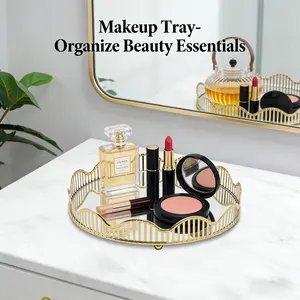 Valentine's Day Gold Mirrored Tray 12.4x2.36In Iron Glass Scandinavian Luxury Velvet Feet for Vanity Bathroom Coffee Table Christmas Decor Gift Salad Serving Plates Saucer Plate
