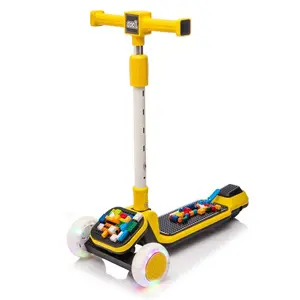 Kids 3-Wheel Folding Kick Scooter with Buildable Blocks, PU Light-Up Wheels, 5-Height Adjustable Handlebar, Foot Brake, Music & Lights, Buildable Panels, Music Feature, Pu Flashing Wheels, Stable 3-Wheel Structure dirtbike , Aluminum, Unisex