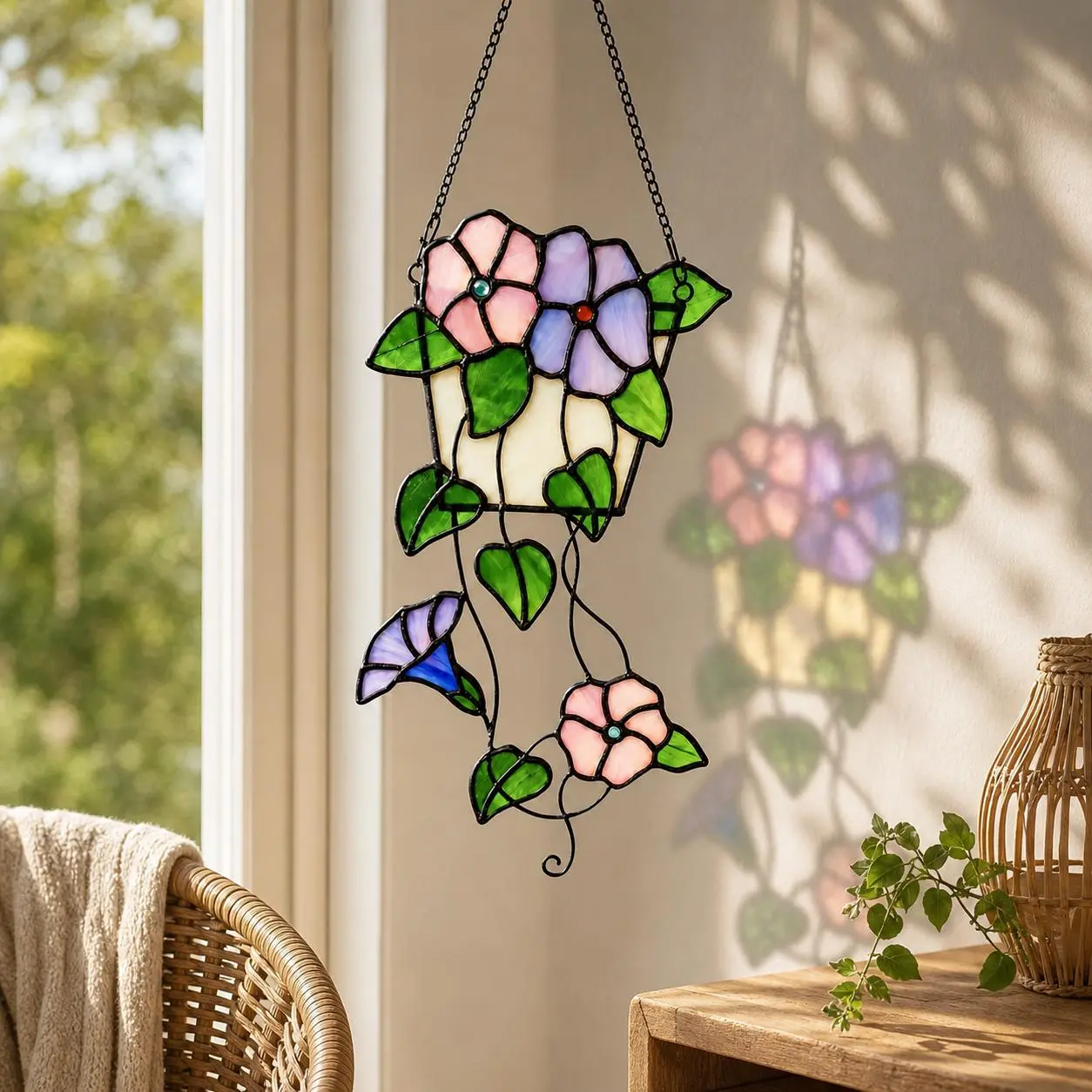 Stained Glass Plant Suncatcher – Handmade Pothos Flower Pot Window Hanging, Colorful Botanical Home Decor, Gift for Plant Lovers Cream Decorative