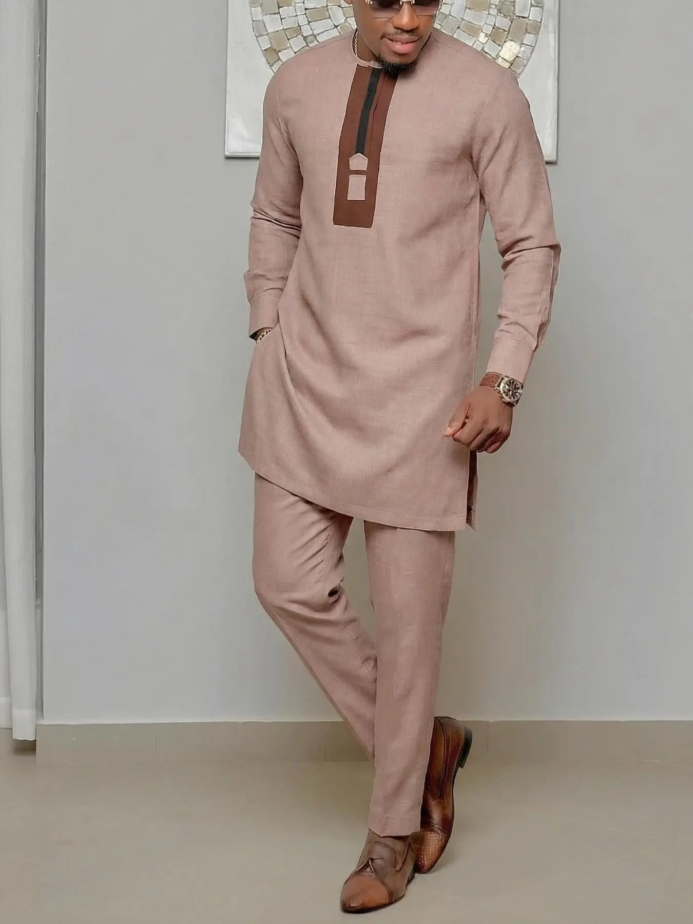 Men's Muslim Style Kaftan Set, Round Neck Long Sleeve Patchwork Design, Casual African Men's Clothing, Wedding Party Business Gift