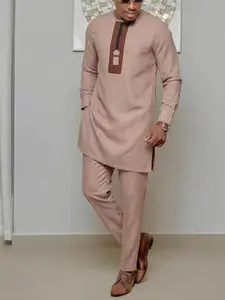 Men's Muslim Style Kaftan Set, Long Pants, Round Neck Long Sleeve Patchwork Design, All Seasons Casual African Men's Clothing, Wedding Party Business Gift