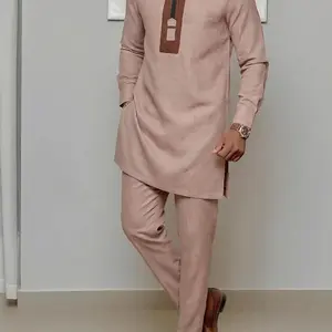 Men's Muslim Style Modest Kaftan Set, Round Neck Long Sleeve Patchwork Design, Casual African Men's Clothing, Wedding Party Business Gift