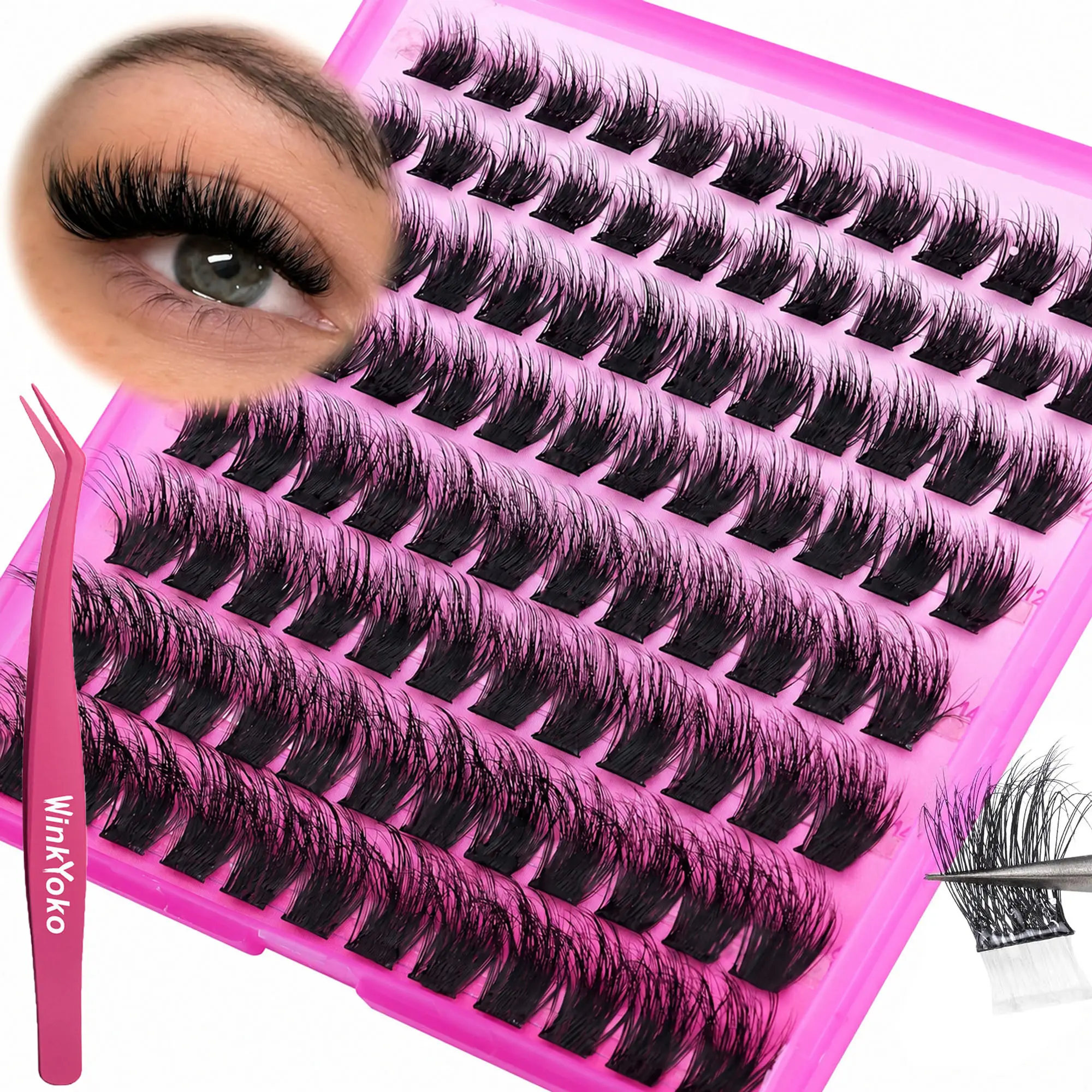 Self Adhesive Volume Lash Clusters Kit with Tweezers-Willow Styles, WinkYoko No-Glue Eyelashes Beginner Friendly, 10-16mm Mixed Length Individval Eyelash Extension, Ultra-Thin Transparent Band Volume Lashes, Super Soft Press-On Lashes, Bold Dramatic Look