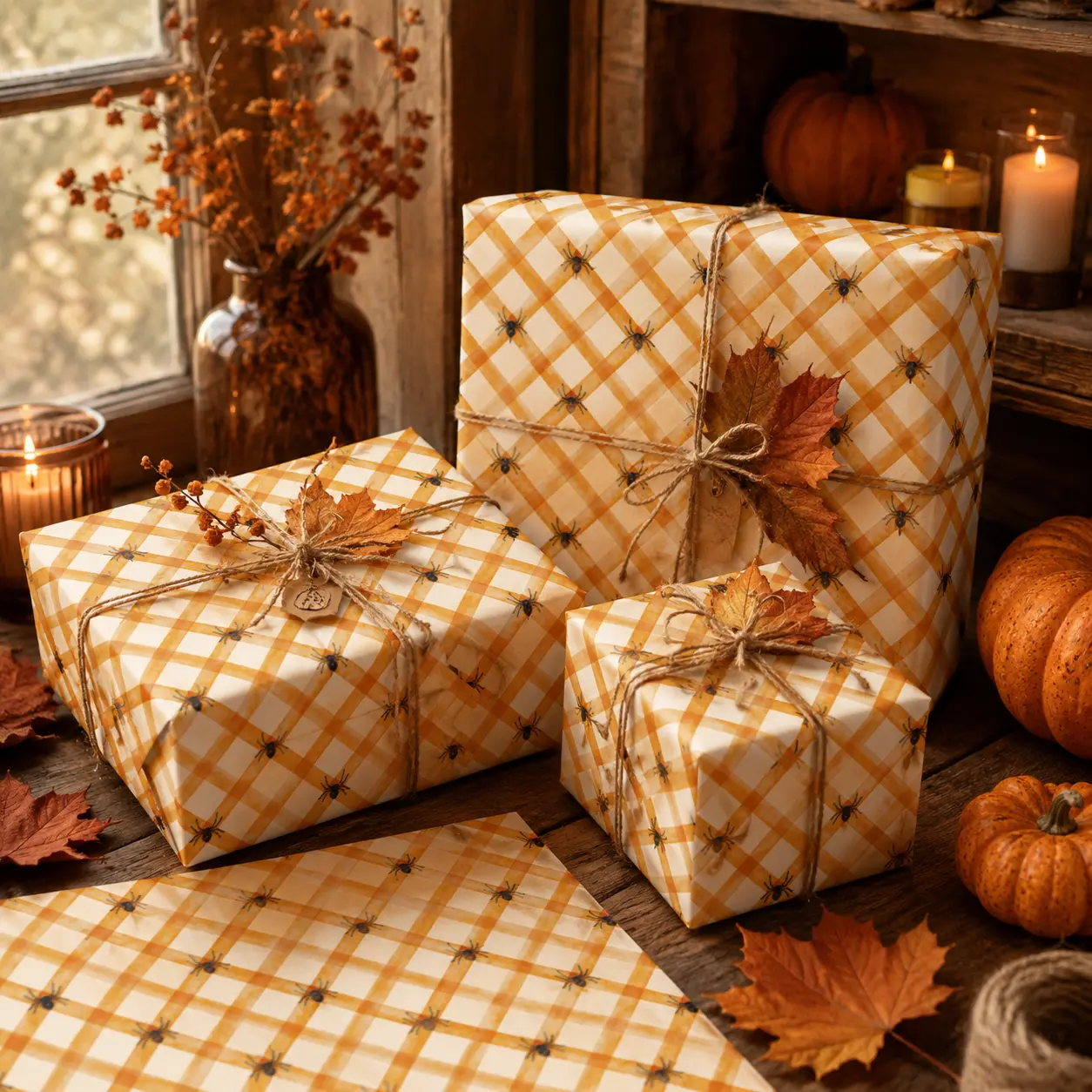 Halloween Orange Plaid Spider Wrapping Paper, Watercolor Plaid Lattice Spooky Spider Gift Wrap, Fall Autumn Holiday Gift Wrapping Paper