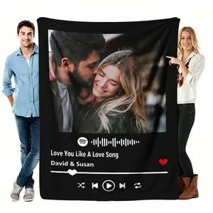 Music Player Custom Photo Flannel Blanket, Soft Cozy Warm Throw, Personalized Love Song Design, Anniversary Valentine's Gift for Him Her, Romantic Bedroom Couch Decor