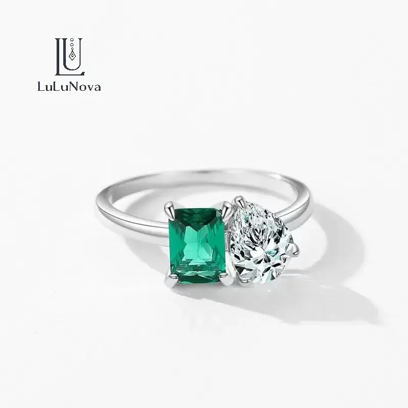 Evelyn Ring for Women in 925 Sterling Silver, 4CT Double Lab-Made Emerald and Pear Cut Gemstones, Delicate Anniversary Gift, Female