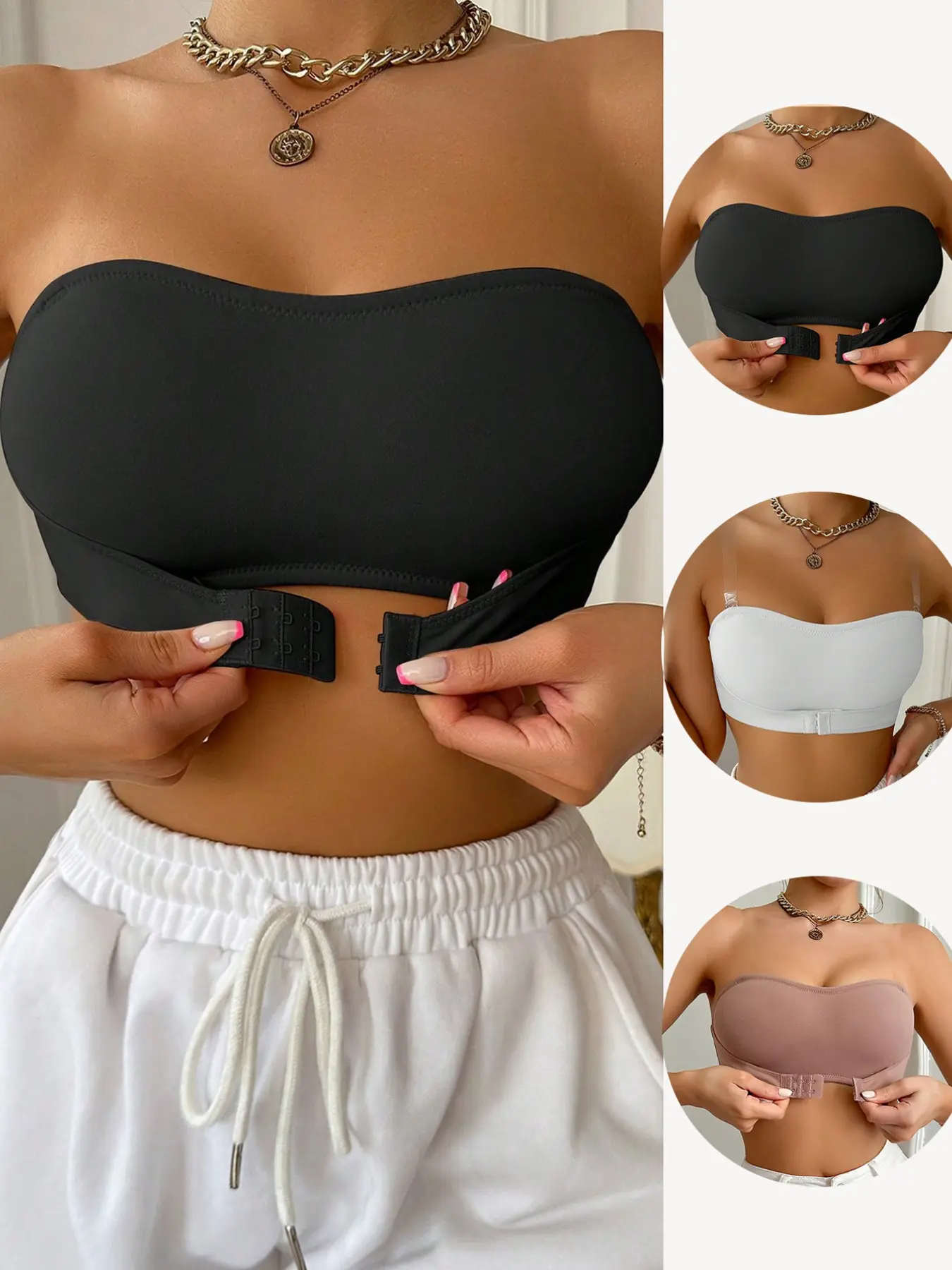 Women's seamless, wire-free bandeau strapless bra with front closure buckle and fan-shaped trim. Solid color, lightweight and smooth fabric for comfortable wear, suitable for everyday casual wear and evening parties, Fit Elegant