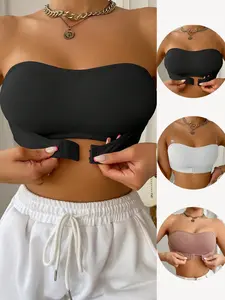 Women's seamless, wire-free strapless bra with front closure and fan-shaped trim. Solid color, lightweight and smooth fabric for comfortable wear, suitable for everyday casual wear and evening parties.