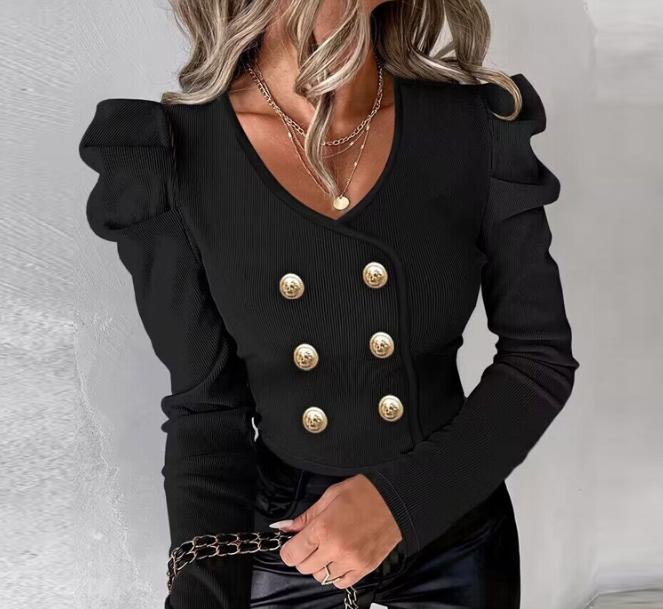 Long Sleeve Blouse with Gold Buttons - Executive Design