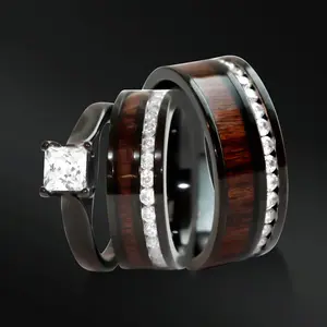 His & Hers Koa Wood Ring Set Black Stainless Steel Wedding Rings