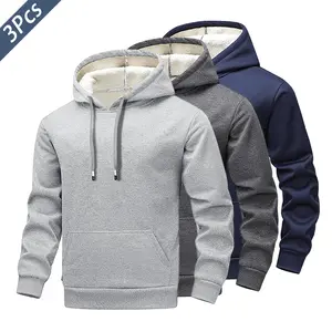 Men's Three-Piece Winter Fleece Sweatsuit, Solid Color Hooded Jacket Set with Kangaroo Pocket, Thickened Windproof Warm Pullover, Suitable for Everyday Wear