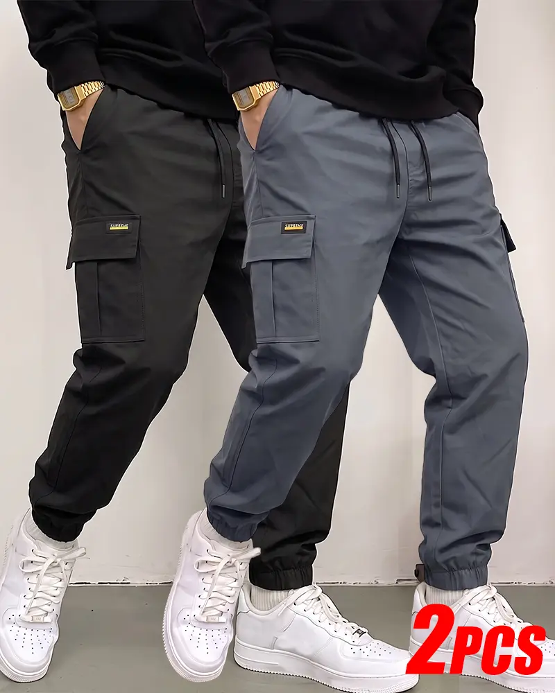 2-Pack Streetwear Jogger Cargo Trousers, All Elastic Draw Waist, Mini Yellow Rectangular Label Utility Pockets, Relaxed Jogger Fit, Breathable Quick Dry Workwear Bundle