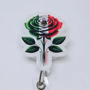 Mexico Rose Pearl Acrylic with Mexican Flag Retractable Badge ID Reel Belt or Alligator Clip