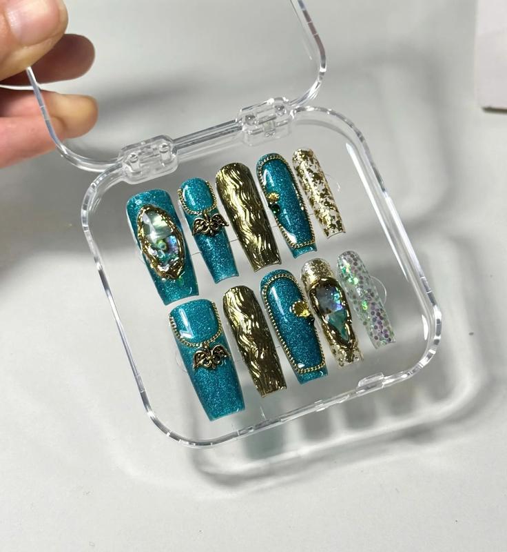 Nailchemy - Mermaid Press On Nails, Long Coffin Shape, 3D Shell & Wave Design, Teal Base With Gold Glitter, Magical Ocean Inspired Style