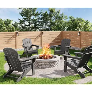 Garvee Set of 4 Folding Adirondack Chairs in Gray, Made from Durable HDPE Plastic with Wood Texture, Weather Resistant, Supports up to 380 LBS, Ideal for Outdoor Use on Fire Pit, Deck, Patio, Pool, and Backyard