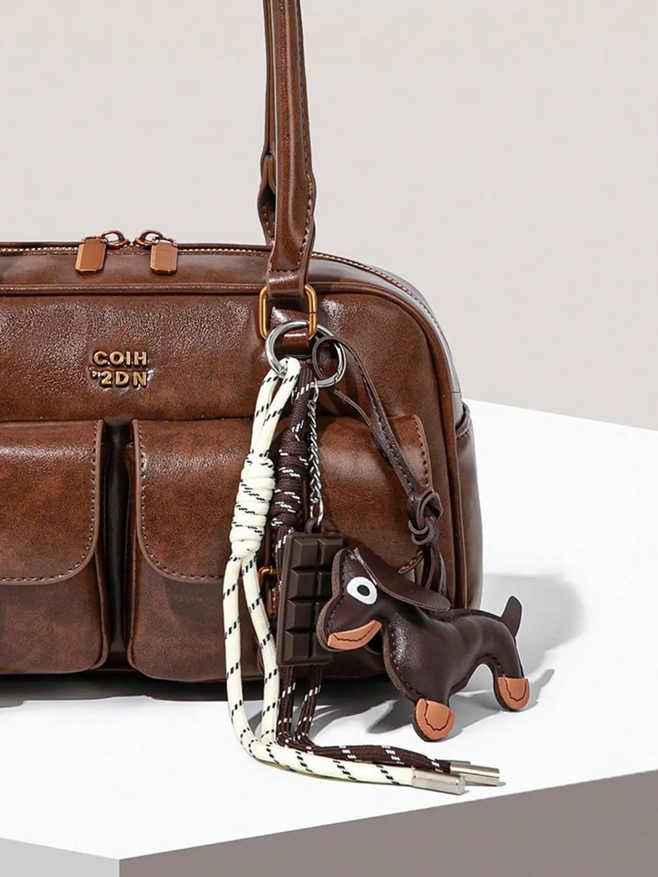 Vintage fun and exquisite sausage dog pendant, with woven lanyard and chocolate pendant, can be used as keychain and bag pendant, suitable for daily wear, Stylish playful charm, Charms For Bags, Purse Accessories