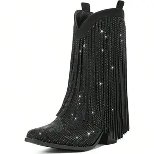 Cowboy Boots for Women - Cowgirl Rhinestone Boots with Sparkly Fringe Pointed Toe Western Boot Chunky Heel Pull-On Wide Calf Botas Vaqueras