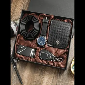 Men’s business fashion watch set (watch, wallet, belt, keychain); men’s watches; casual trendy watch set for men; exquisite watch set for a birthday gift; accessories set