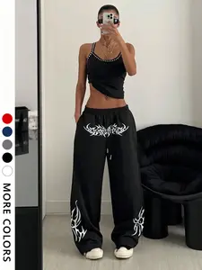 Women's Letter Print Loose-Fit Sports Pants, Casual All-Season Street Style, Comfortable Daily Wear, Moderate Fabric Thickness, Loose Fit Bottoms, Casual Comfy Sweatpants