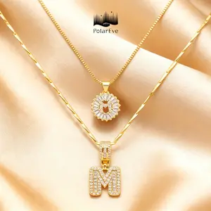 2-Pack Initial Letter Pendant Necklaces With Zirconia Stones Golden Plated Adjustable 17''-19'' Chain For Parties Birthdays Unisex Fashion Trendy Jewelry Gift Box