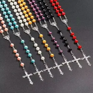 8mm Silver Cross Rosary with Acrylic Beads Colorful Rosary Necklace for Rosary Enthusiasts Multiple Color Options