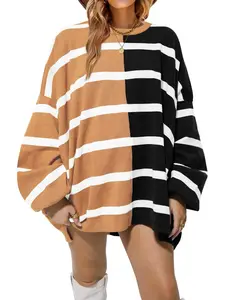 Aswulk Plus Size Womens Striped Pullover Sweater Crew Neck Long Sleeve Knitted Color Block Casual Loose Lightweight Sweaters for Women