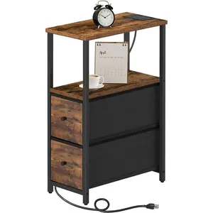 Small Narrow End Table With Charging Station, Side Table With Outlets, Nightstand With 2 Cloth Drawers, Couch Table For Living Room, Bedroom, Bedside, Brown