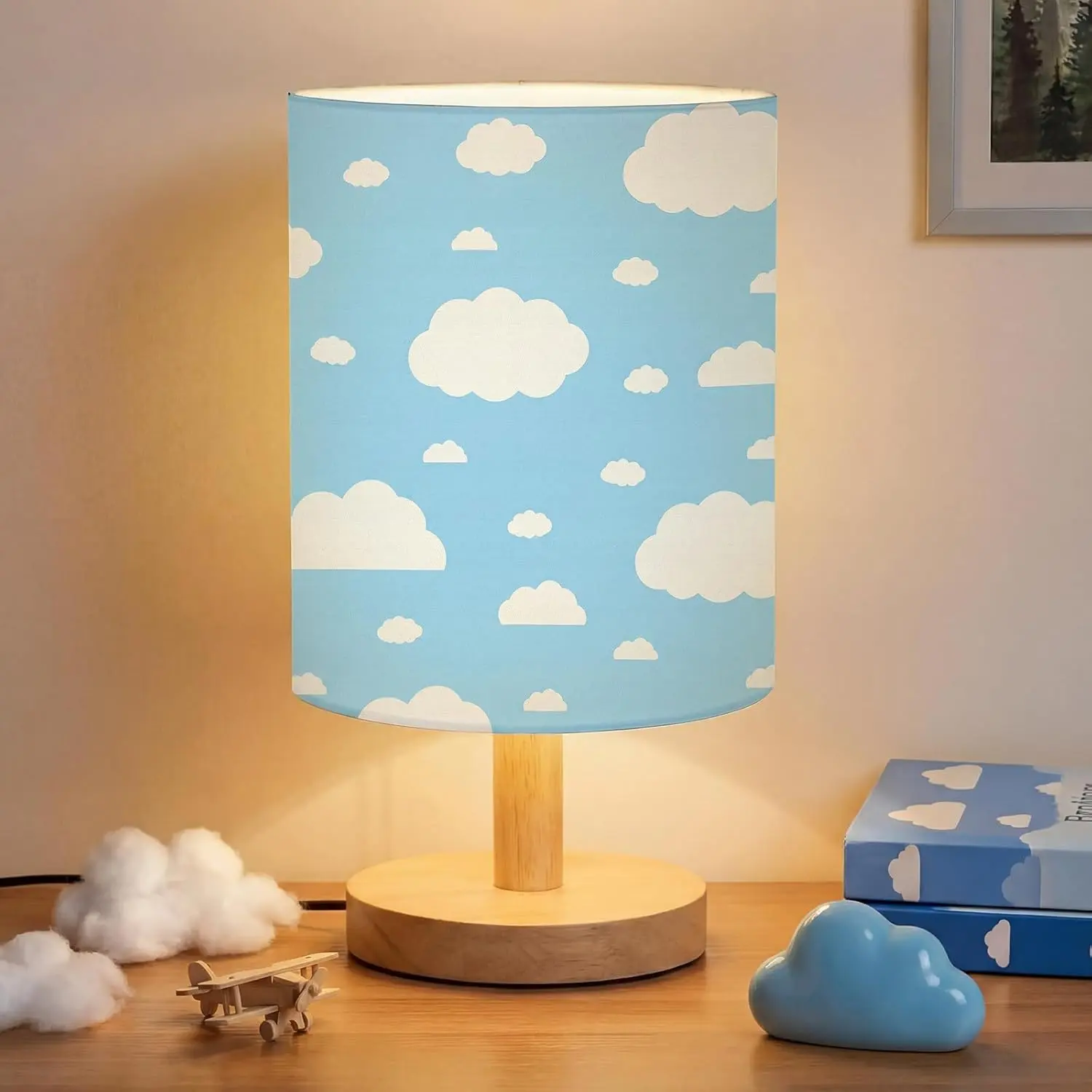 Cloud Kids Table Lamp for Bedroom Kids Bedside Lamp with Linen Wooden Nightstand Cartoon Nursery Lampshade for Girls Boys Living Room