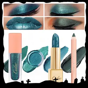 Oulac Green Halloween Makeup Set with Makup Pencil, Lipstick, Lightweight Metallic Lipstick Shimmer Cream Eyeshadow & Liquid Eyeshadow for Radiant & Mystical Look