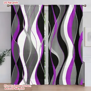 2D Flat 2Pcs Abstract Purple Wave Pattern Curtains, Modern Art-Decorated Window Drapes for Living Room Bedroom, Rod Hung Semi Blackout Transparent Home Decorative, Home Decoration Curtain