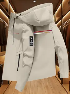 Functional Windbreaker Jacket, Gradient Line Print, Aurora Letter Design, Casual Long Sleeve Hooded Workwear, All Seasons Loose Fit