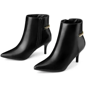BLISSFUL STEP Women's Pointed Toe Kitten Heels Booties Chain Ankle Boots