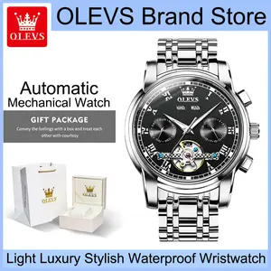 OLEVS 6607 Luxury Silver Men's Automatic Mechanical Watch, Skeleton Black Dial with Classic Roman Numerals, Year Month Date Week Multi-Functional Display, Luminous Hands, Water Resistant Stainless Steel Business Wristwatch, Ideal Gift for Gentlemen