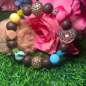 Love donuts wristlet keychain color scheme mint green, blue, pink, yellow, chocolate, peanut butter and bling beads made with wire