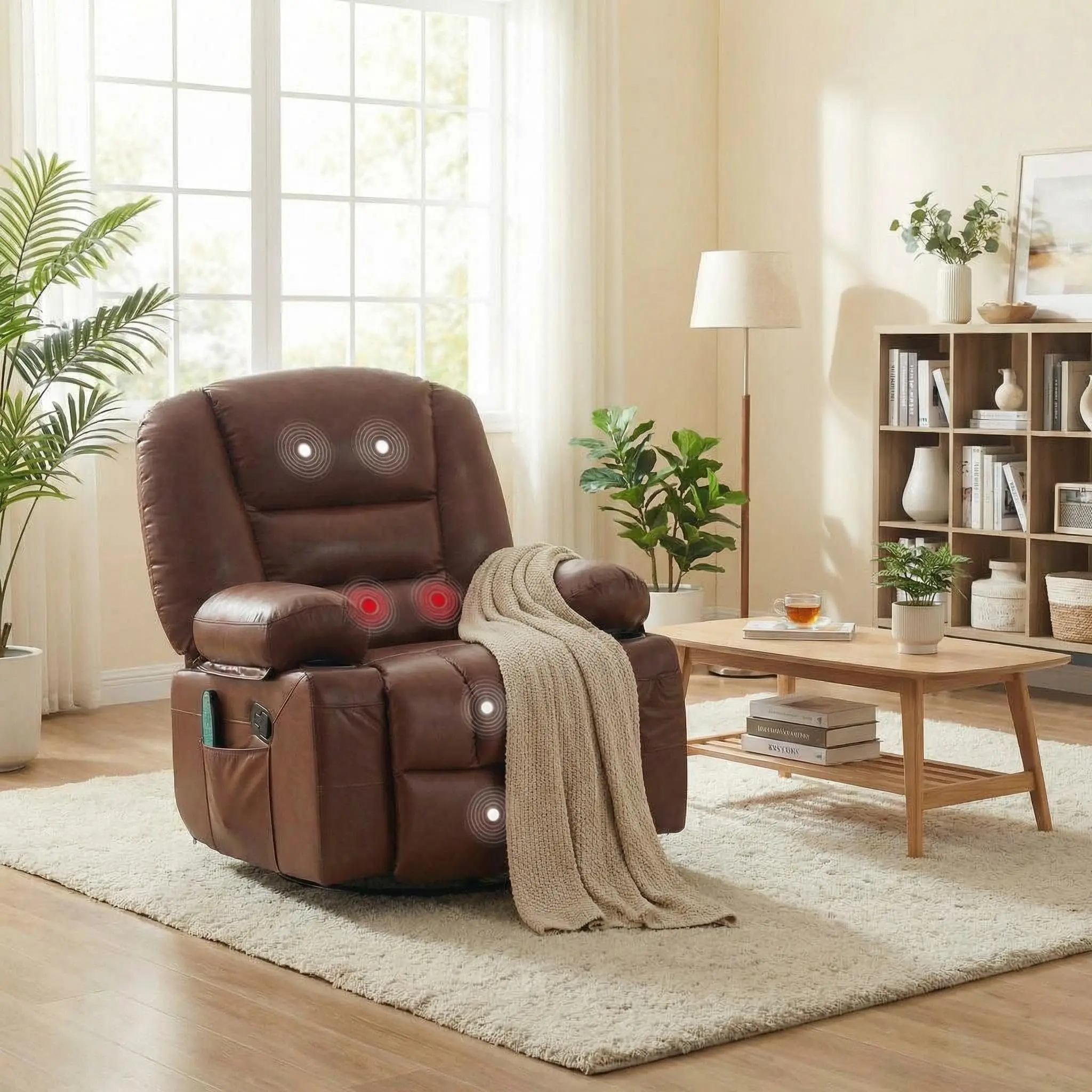 360° Oversized Wide Recliner Chair – Heat & Vibration Massage, Swivel Rocker for Adults, Chenille Fabric Manual Recliner w/ Cup Holders & Side Pocket for Living Room, Bedroom