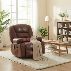 360° Oversized Wide Recliner Chair – Heat & Vibration Massage, Swivel Rocker for Adults, Chenille Fabric Manual Recliner w/ Cup Holders & Side Pocket for Living Room, Bedroom