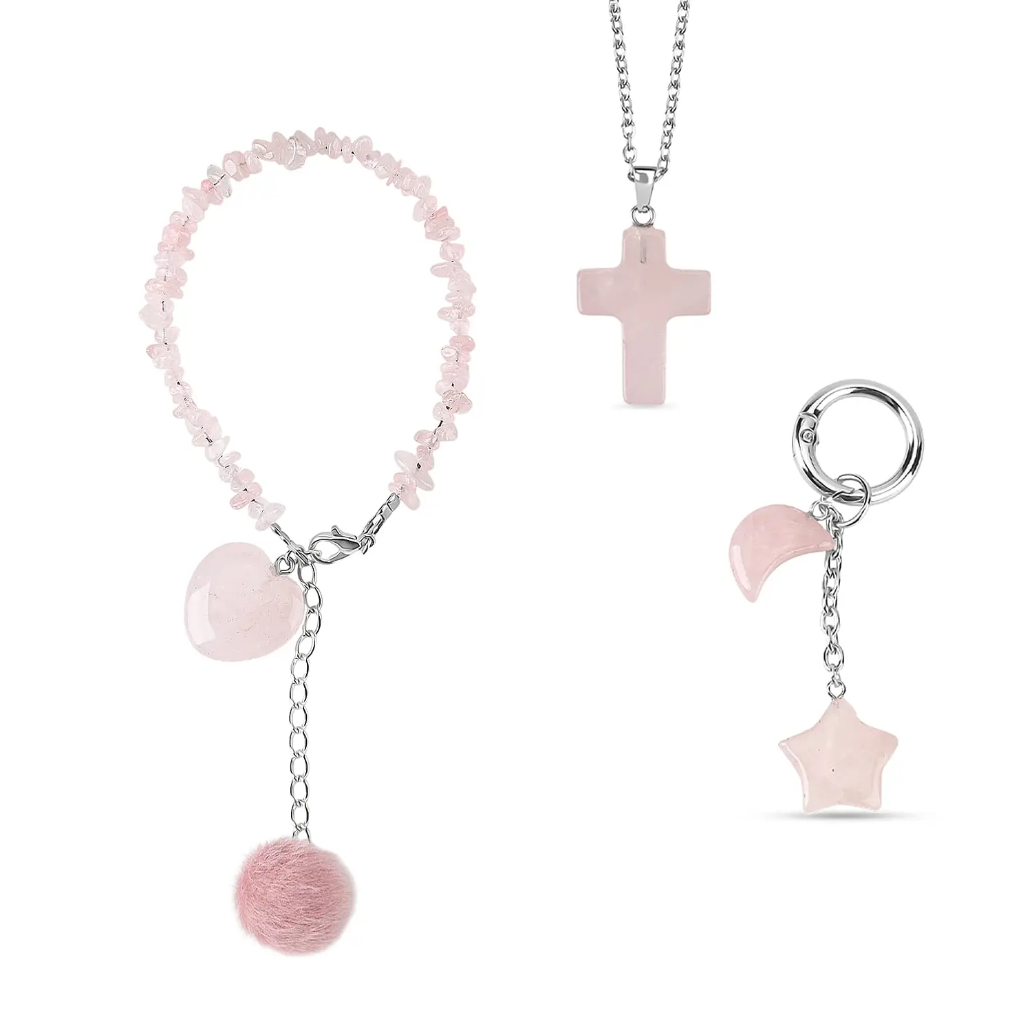 Crystal glow Trio Set of 3 Keyring, Beaded Bracelet and Cross Necklace
