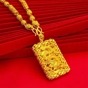 Men's Dragon Necklace Pendant Bamboo Cloth Dragon Necklace Gold Color Square Pendant Necklace for Men Valentine's Gift,length 60cm