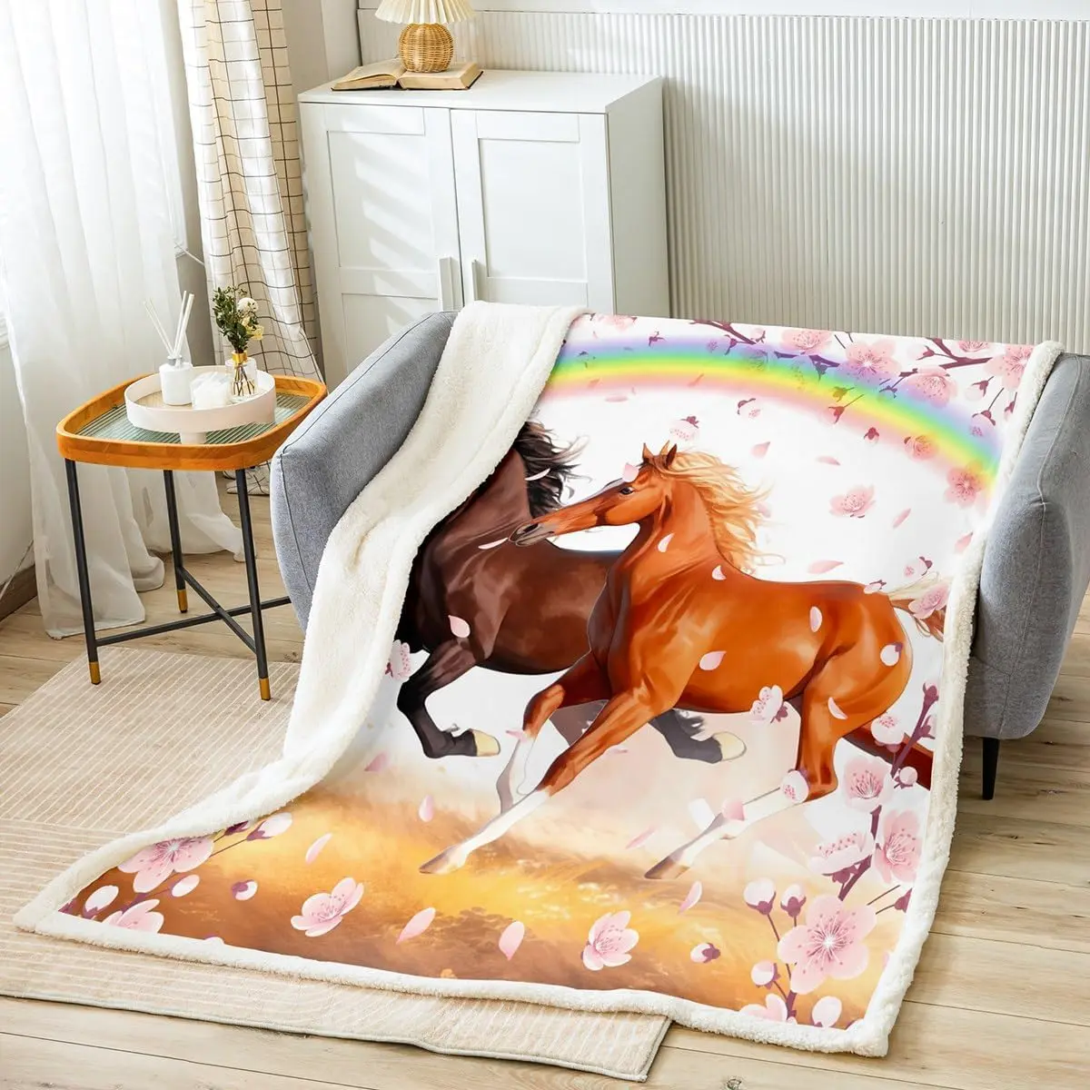 Feelyou Horse Soft Fleece Fluffy Travel Blanket - Peach Blossom Plush Western Sherpa Blanket for Sofa, Bed - Twin 60x80 Inches Bedroom Decor, Soft Fleece Blanket