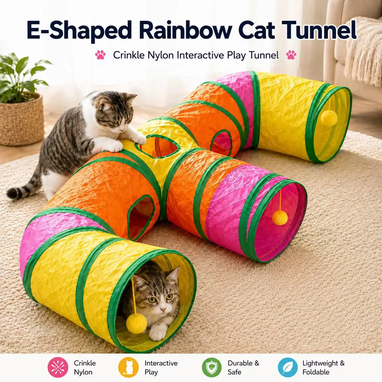 E-Shaped Rainbow Crinkle Nylon Cat Play Tunnel, Interactive Toy with Peek Holes, Hanging Ball & Multi Entrances, for Indoor Cats & Kittens, Encourages Exercise, Reduces Boredom, Ideal for Home Living Spaces
