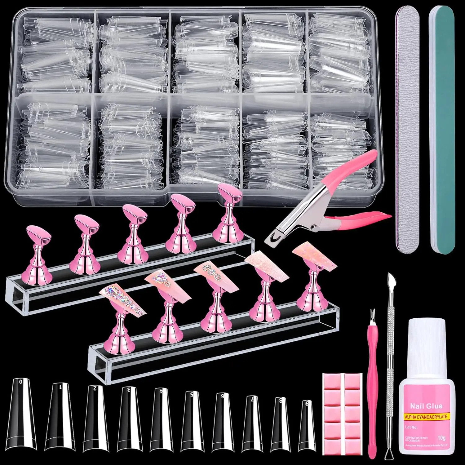 600PCS Clear Coffin Nail Tips Set - Clear Nail Tips for Acrylic Nails French Half Cover Fake Nail Tips Kit with Nail Glue, Nail Display Stand, Clipper, Cuticle Pusher Remover, Nail File and Buffer Qinzave