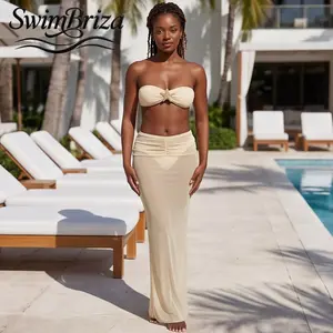 Briza｜Strapless Bandeau Tube Top Style Cream 2 Piece Bikini Set With Matching Sarong Wrap Cover Up Women's Swimwear For Summer Beach Vacation Resort, Bathing Suit for Women, Two Piece Bathing Suit, Cover Up Swimwear, Resort Cruise Beachwear
