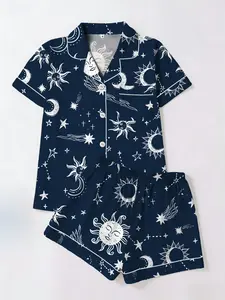 Tiktok Trend! Style Starry Sun Print Sleepwear Set Pajamas for Women, Short Sleeve Cardigan Shorts Homeewear, Casual All Seasons