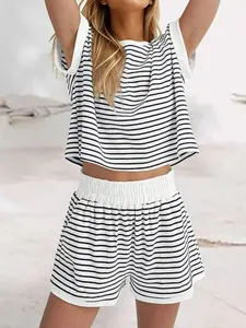 2026 Women's Striped Knitted Short Sleeve T-Shirt and Shorts Set, Fit, Casual Everyday Summer, 2-Piece Lounge Wear, Comfortable and Stylish