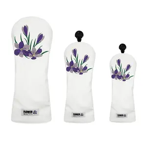 Golf club headcovers with purple flower embroidery, fresh white  based style, exquisite flower patterns, wear resistant for club protection, fit multiple sizes, elegant presence on the course