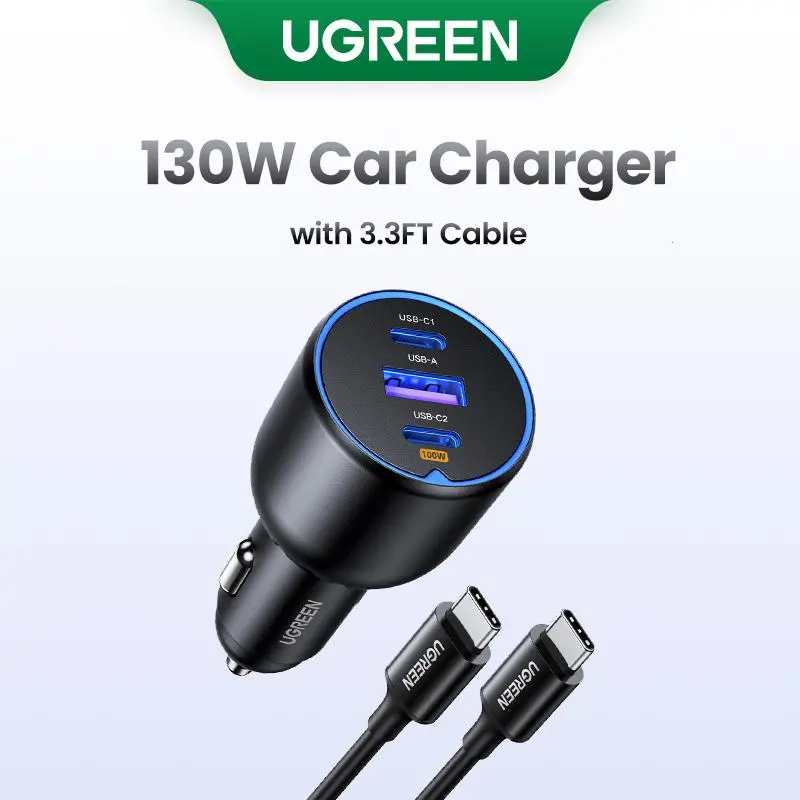 UGREEN 130W Car Charger with 3.3FT Cable, USB-C Input, Compatible with iPhone 17 16 Pro Max, Galaxy S24 Ultra, iPad, Car Accessories Deals for You,September Restock,TikTokShopBlackFriday ,TikTokShopHolidayHaul