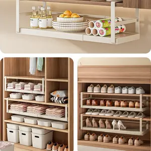 Adjustable Storage Rack Cabinet Hanging Shelf Unit for Tableware Kitchen Utensils & Spice Bottles Organizer Solid Color Cutlery