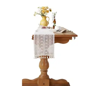 Crochet Lace Table Runner Rustic Hollow Out Double Sided Wavy Design Black Beige Bleached Cotton Tassel Trim Handmade Geometric